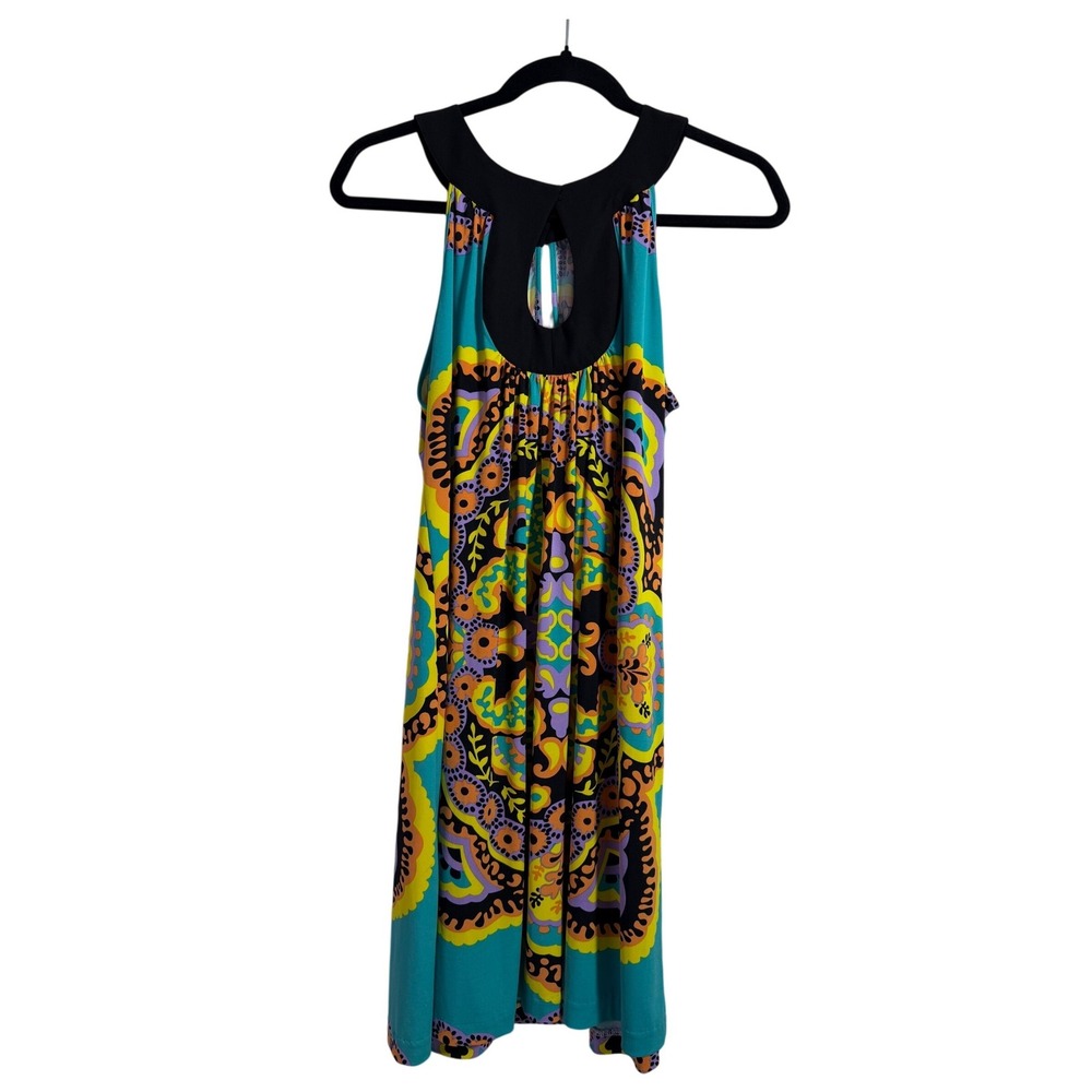 Ice Paisley Halter Mini Dress Women Size M (8) Teal Orange Psychedelic Boho